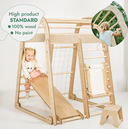 7in1 wooden indoor playground set by Goodevas with natural finish slide net and art station on Tampa Home & Garden Store