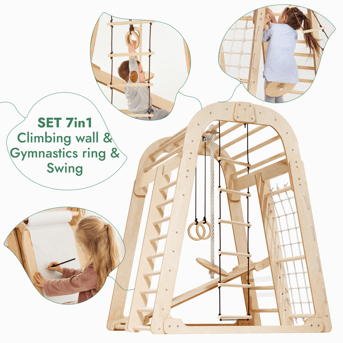 Goodevas 7in1 indoor playset with light wood climbing frame, gymnastic rings, rope ladder and swing on Tampa Home & Garden Store