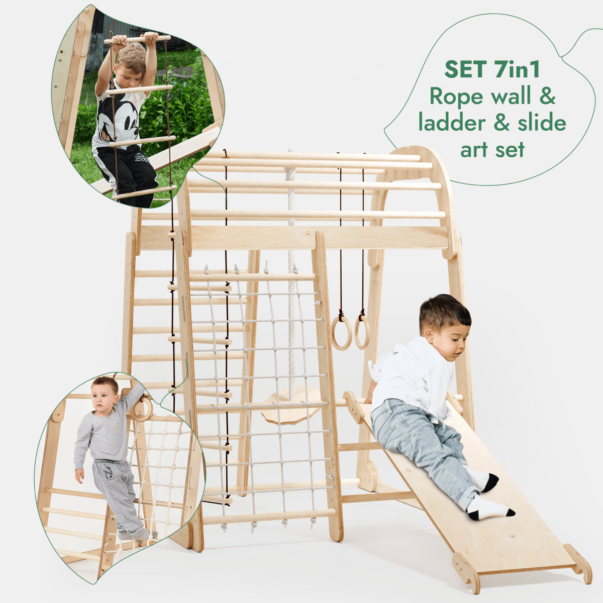 7in1 indoor playground set by Goodevas with wooden frame, rope wall, ladder and slide on Tampa Home & Garden Store