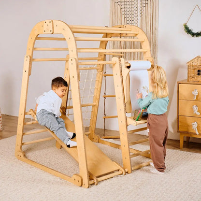 Goodevas 7in1 indoor playground set in natural wood with slide and climbing ladder kids playing on Tampa Home & Garden Store