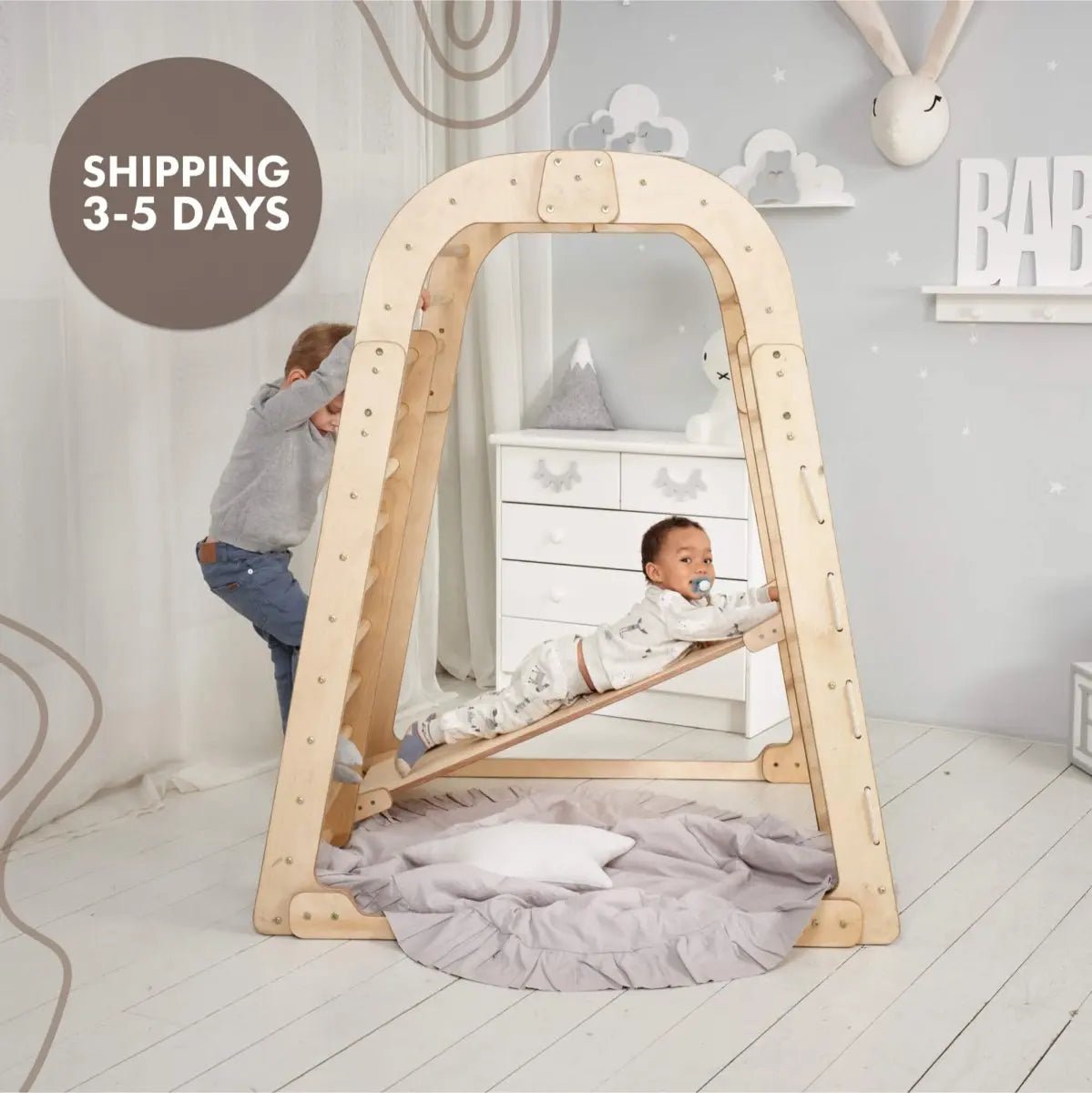 6in1 indoor wooden playground by Goodevas with arch frame, swing and slide board in natural wood on Tampa Home & Garden Store