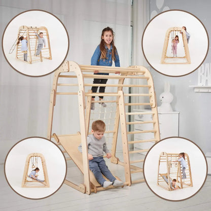 6in1 indoor wooden playset with swings and slide in natural wood finish for kids on Tampa Home & Garden Store