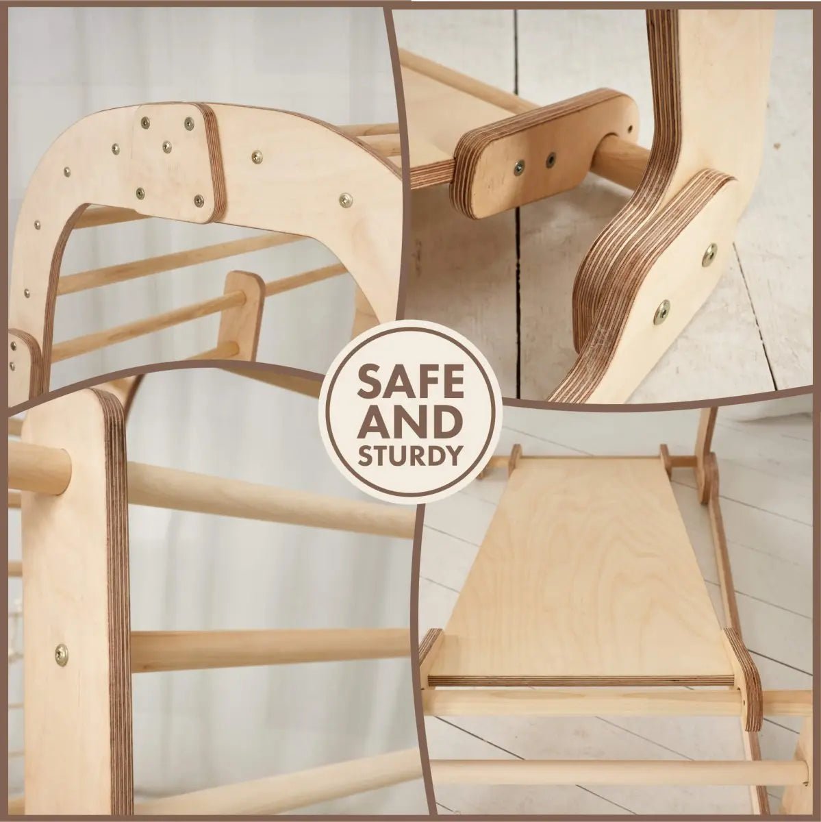 6in1 indoor wooden playset with swings and slide board by Goodevas, natural finish on Tampa Home & Garden Store