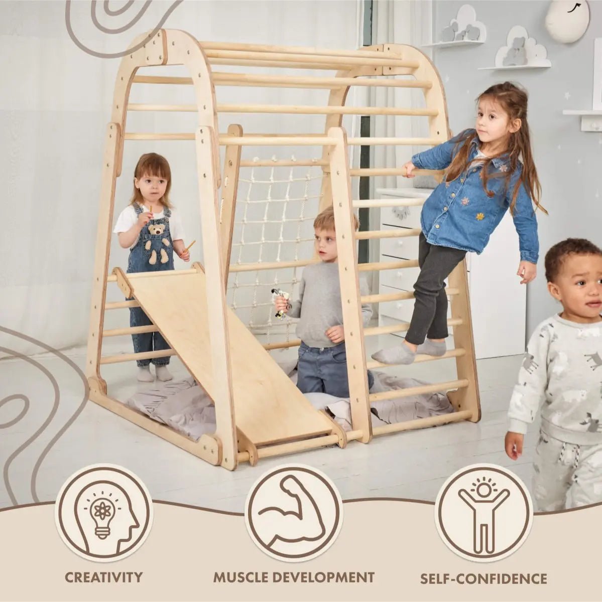 Goodevas 6in1 indoor wooden playset with slide and ladder; kids playing on Tampa Home & Garden Store