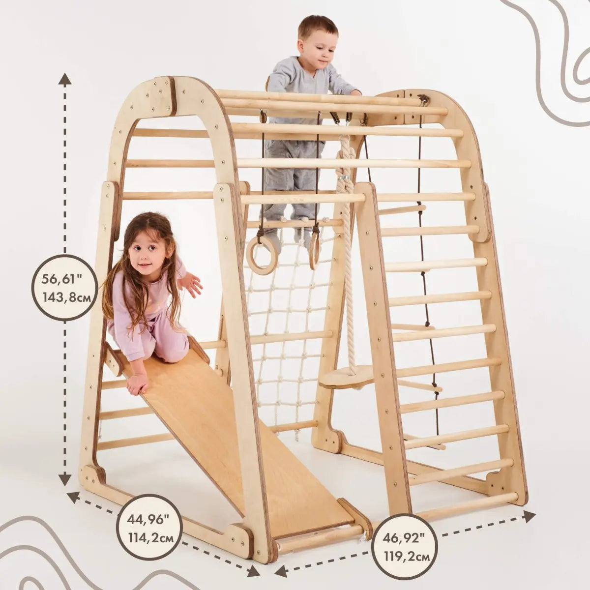 6in1 wooden indoor playground Goodevas with slide, rings and climbing ladder on Tampa Home & Garden Store