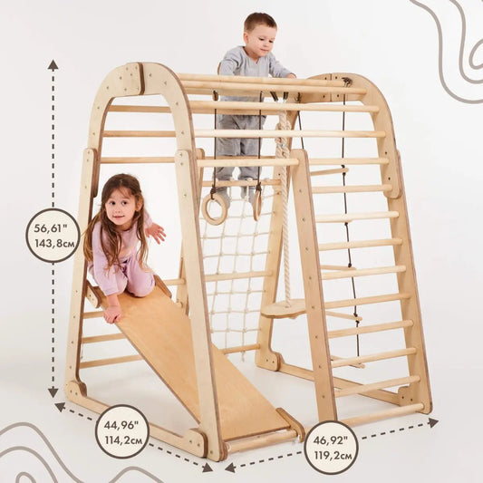 6in1 wooden indoor playground Goodevas with slide, rings and climbing ladder on Tampa Home & Garden Store