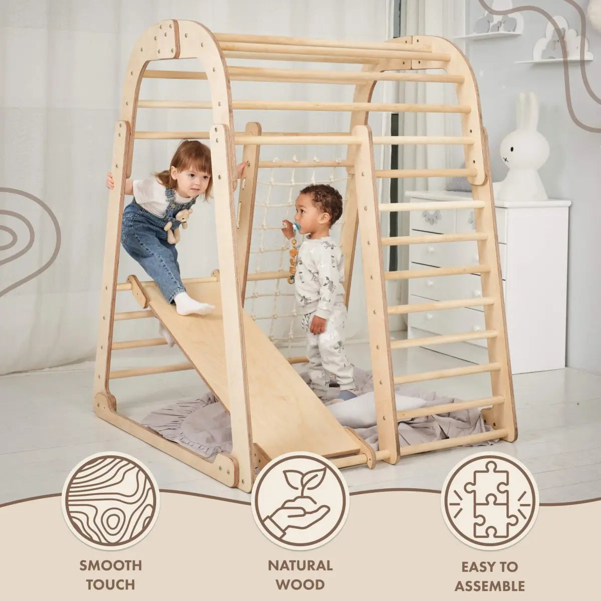 Goodevas 6in1 indoor wooden playground set with swings and slide board in natural wood on Tampa Home & Garden Store