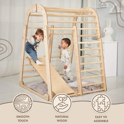 Goodevas 6in1 indoor wooden playground set with swings and slide board in natural wood on Tampa Home & Garden Store