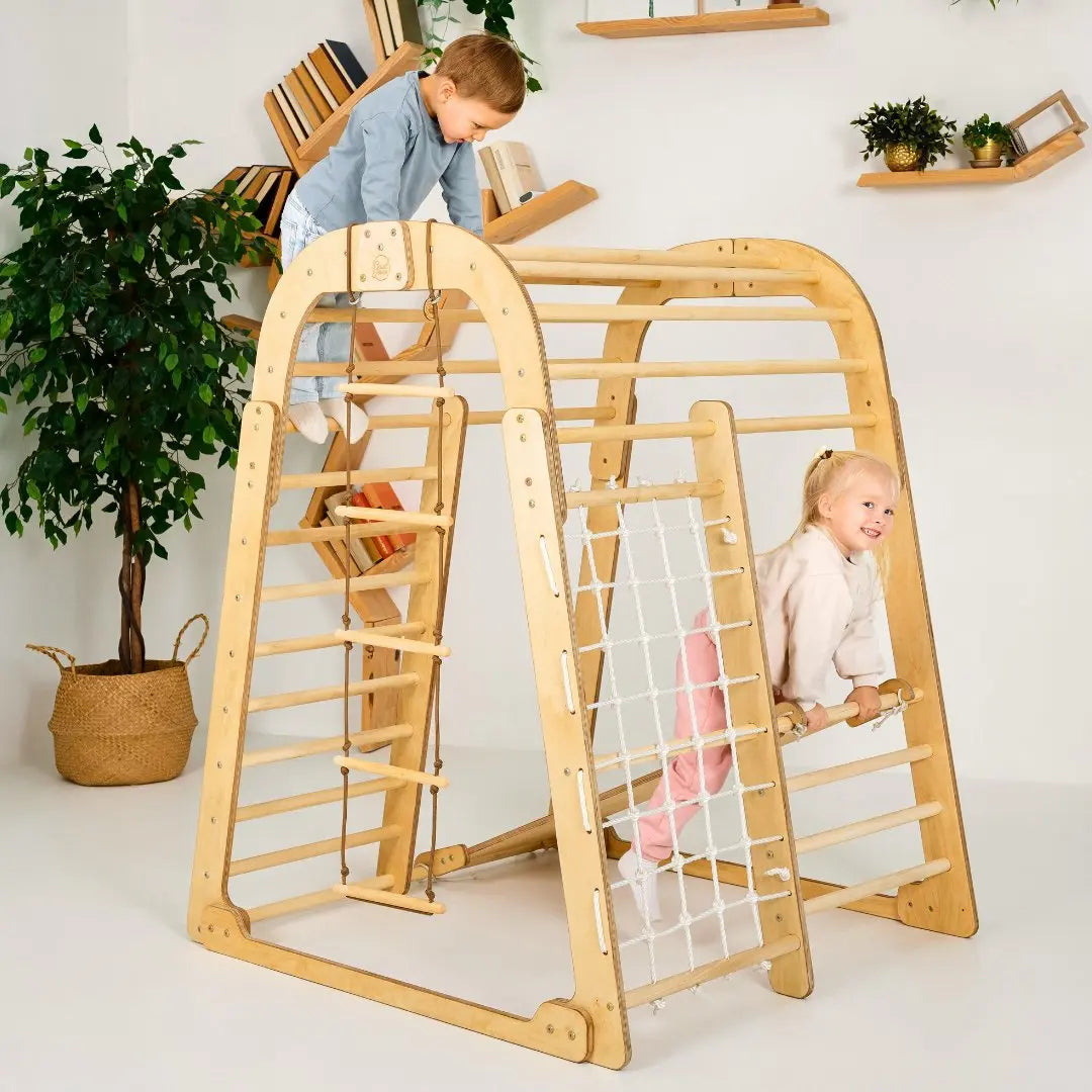 6in1 Indoor Wooden Playground with swings and slide in natural wood on Tampa Home & Garden Store