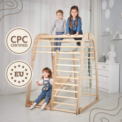 Goodevas 6in1 indoor wooden playset with ladder rungs, side arches, rope net; kids play on Tampa Home & Garden Store