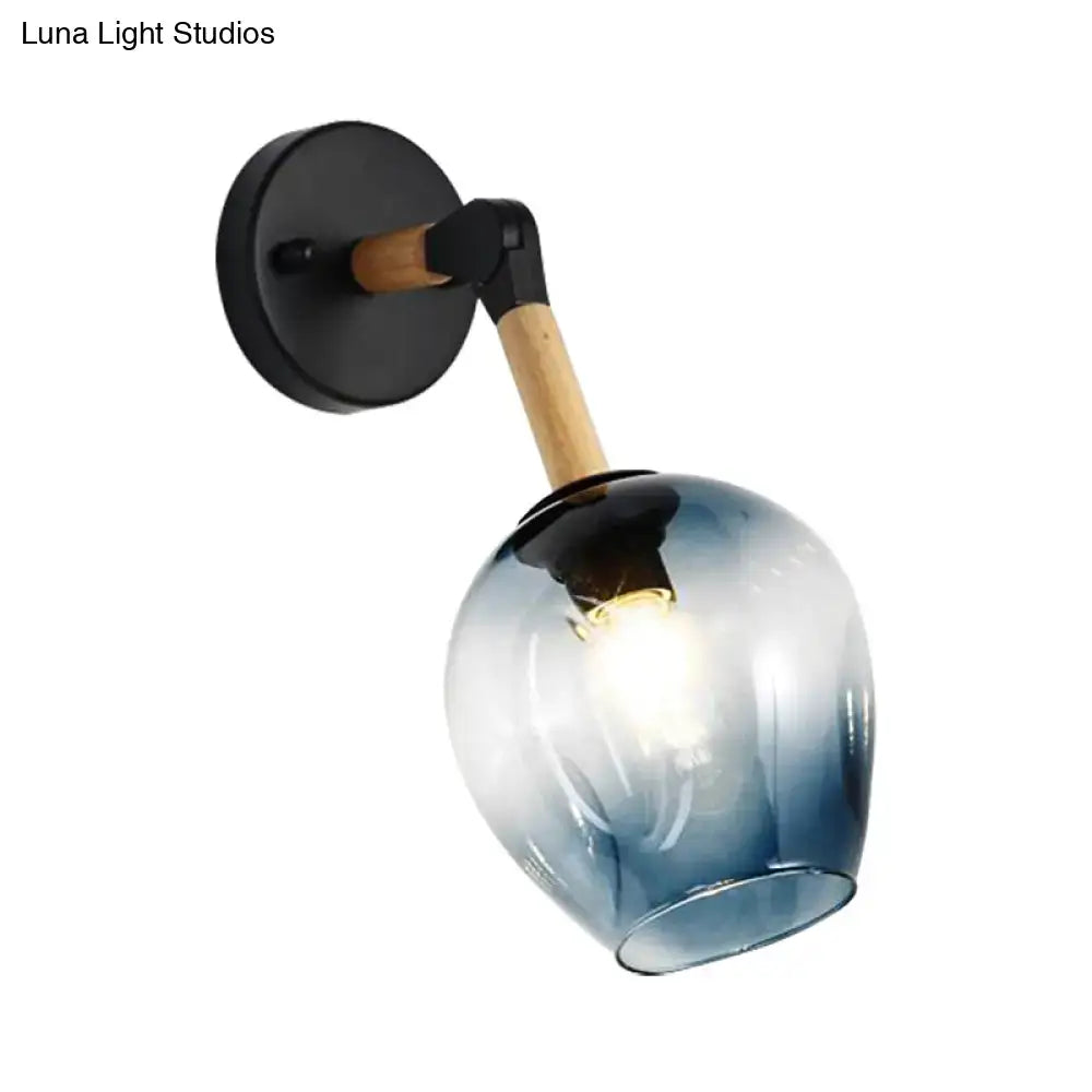 Blue Glass Wall Sconce with wooden arm and black mount, blue gradient shade by Decorbites on Tampa Home & Garden Store