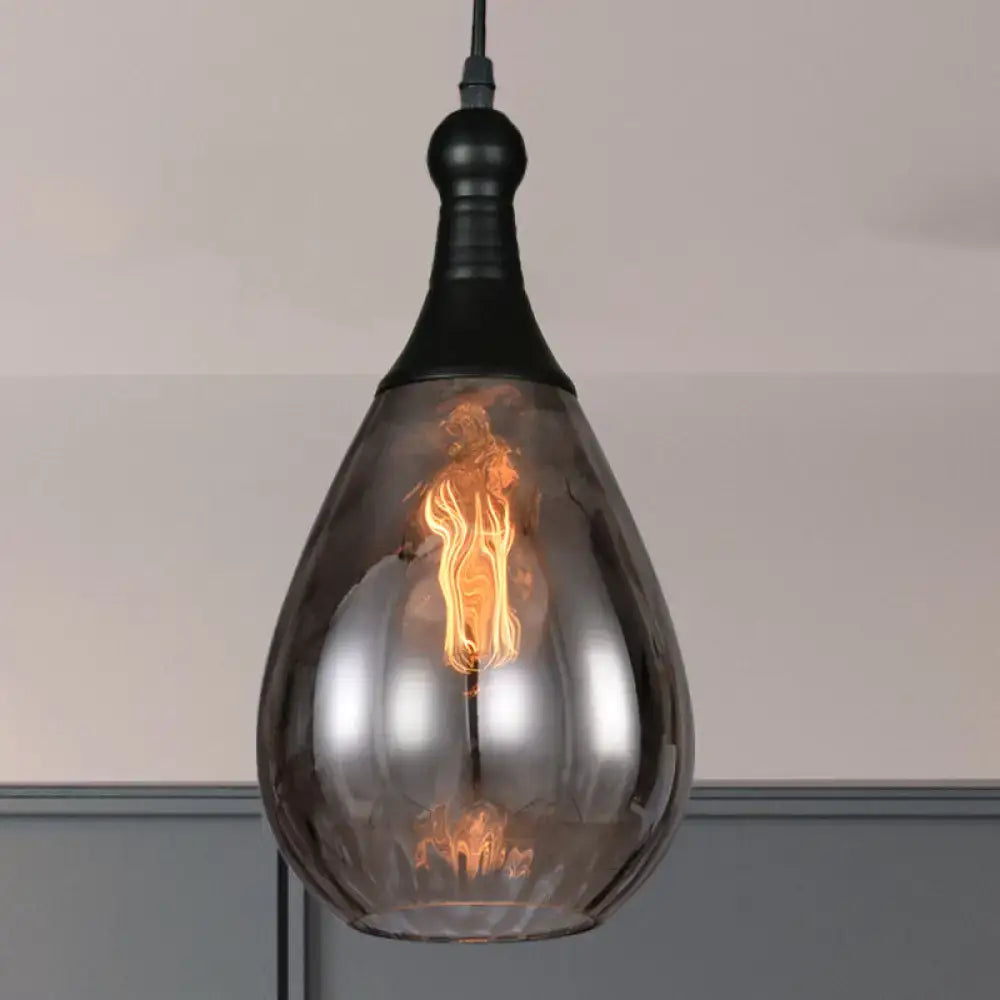 Smoked Glass Pendant Light by Decorbites, teardrop shade with filament bulb, black hardware on Tampa Home & Garden Store