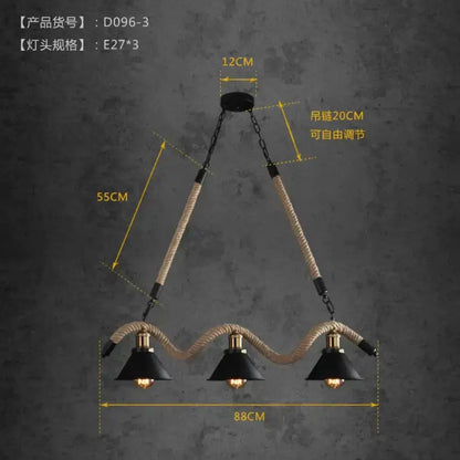 Decorbites industrial black LED chandelier with three conical rope pendants, 88cm wide, adjustable 20cm chains on Tampa Home & Garden Store
