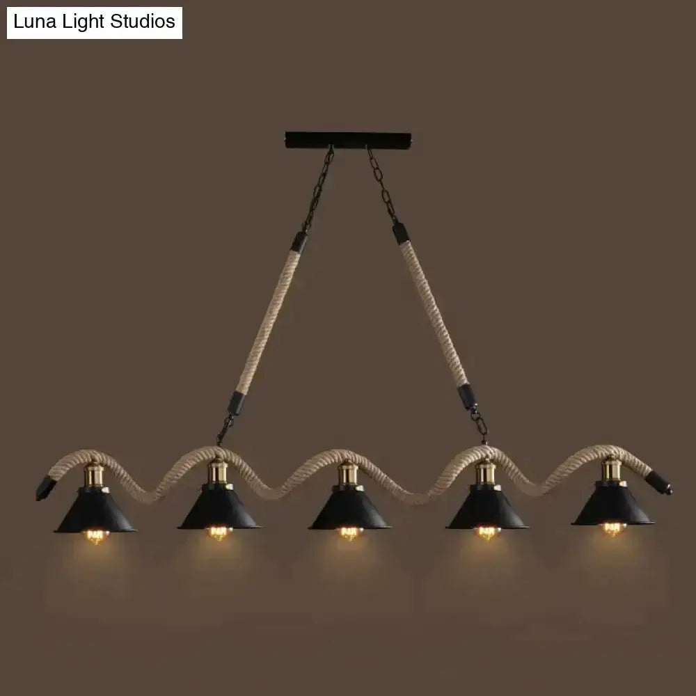 Industrial black LED chandelier by Decorbites with rope-wrapped arms and five conical shades on Tampa Home & Garden Store
