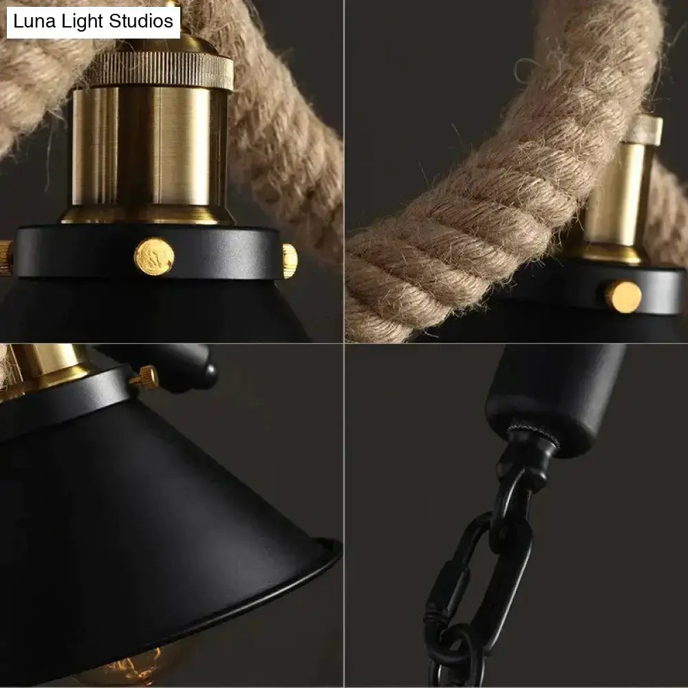 Industrial black LED chandelier pendant with conical shade and rope cord by Decorbites on Tampa Home & Garden Store