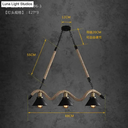 Decorbites black LED chandelier with three-light rope-wrapped conical shades for dining room on Tampa Home & Garden Store