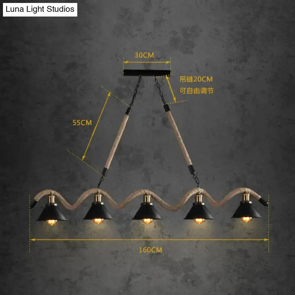 Industrial black LED chandelier with five conical rope pendants, 160 cm span Decorbites on Tampa Home & Garden Store