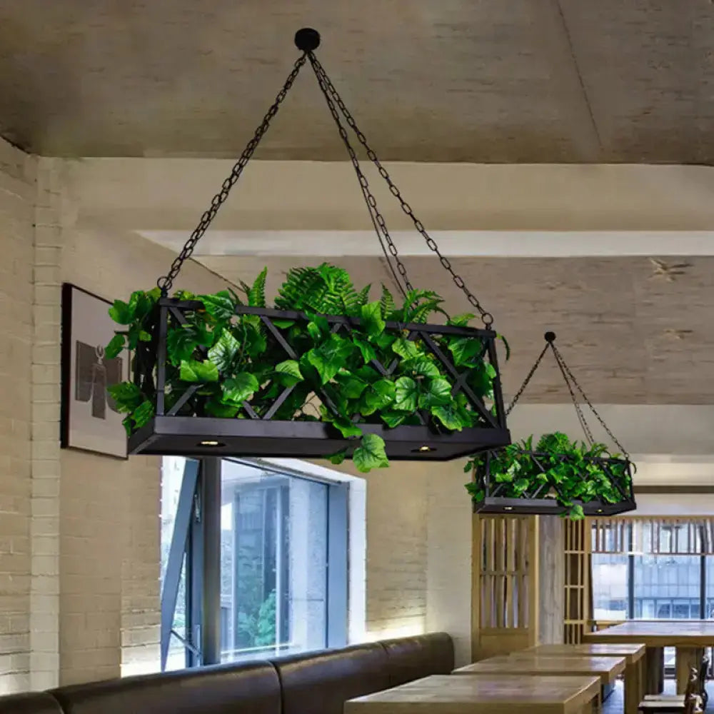 Industrial black rectangular island light with built-in planter and greenery, kitchen LED on Tampa Home & Garden Store