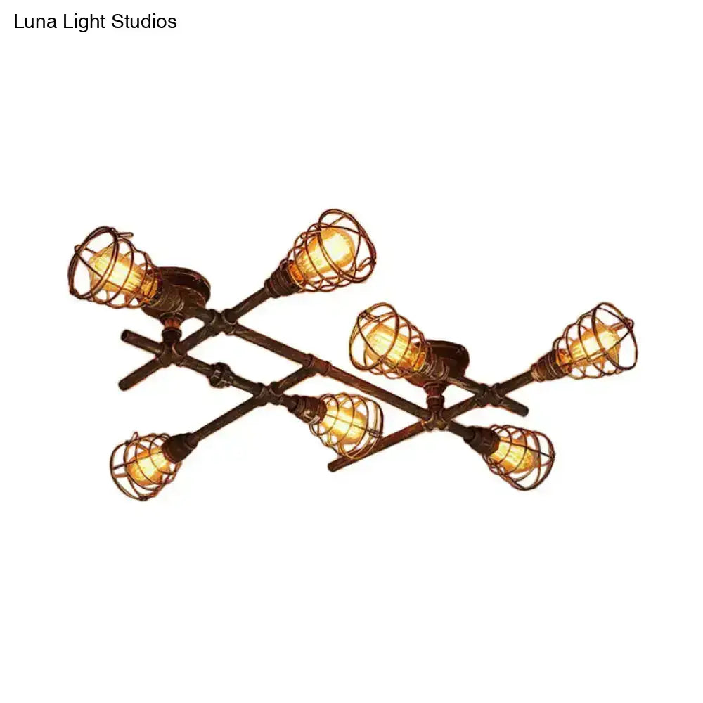 Brass piping ceiling light fixture with six industrial cage bulbs by Decorbites flush mount on Tampa Home & Garden Store