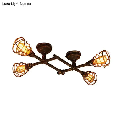Decorbites Brass Piping Ceiling Light, five-bulb industrial ceiling fixture with cage guards on Tampa Home & Garden Store
