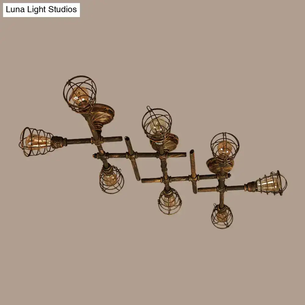 Brass Piping Ceiling Light, industrial flush mount with multi-arm design and cage bulbs on Tampa Home & Garden Store