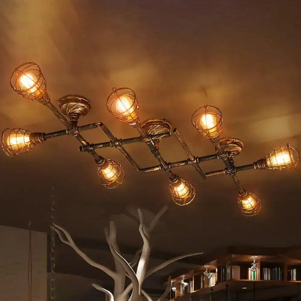 Brass piping ceiling light fixture with industrial pipe frame and wire cages, Decorbites on Tampa Home & Garden Store