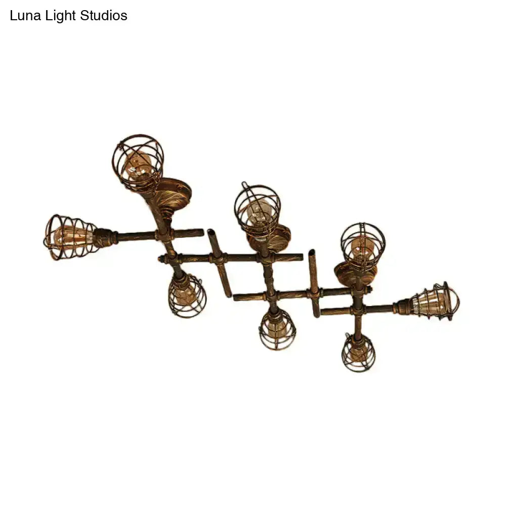 Brass piping ceiling light industrial chandelier with wire cage bulbs by Decorbites on Tampa Home & Garden Store