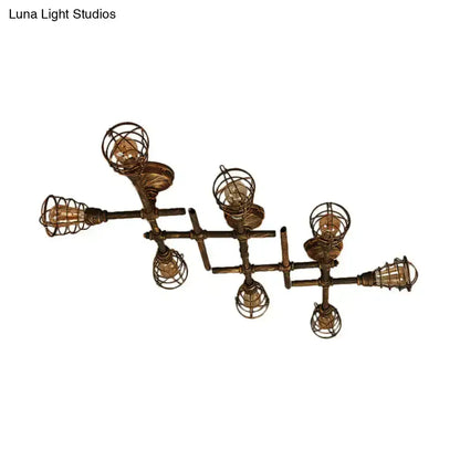 Brass piping ceiling light industrial chandelier with wire cage bulbs by Decorbites on Tampa Home & Garden Store