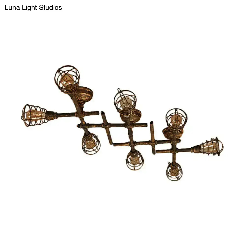 Brass piping ceiling light fixture with cage bulbs, industrial style on Tampa Home & Garden Store