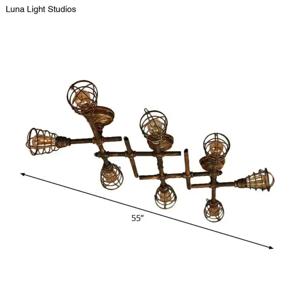 Brass Piping Ceiling Light, industrial style with cage bulb guards, 55" span, Decorbites on Tampa Home & Garden Store