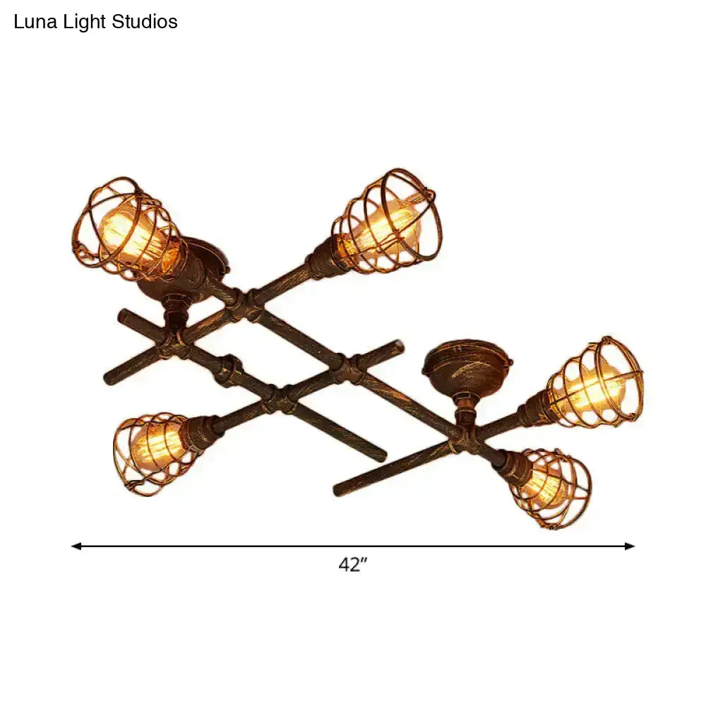 Brass Piping Ceiling Light fixture with six cage lamps, industrial flush mount by Decorbites on Tampa Home & Garden Store
