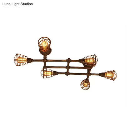 Brass Piping Ceiling Light, industrial flush‑mount with five wire-caged bulbs, Decorbites on Tampa Home & Garden Store