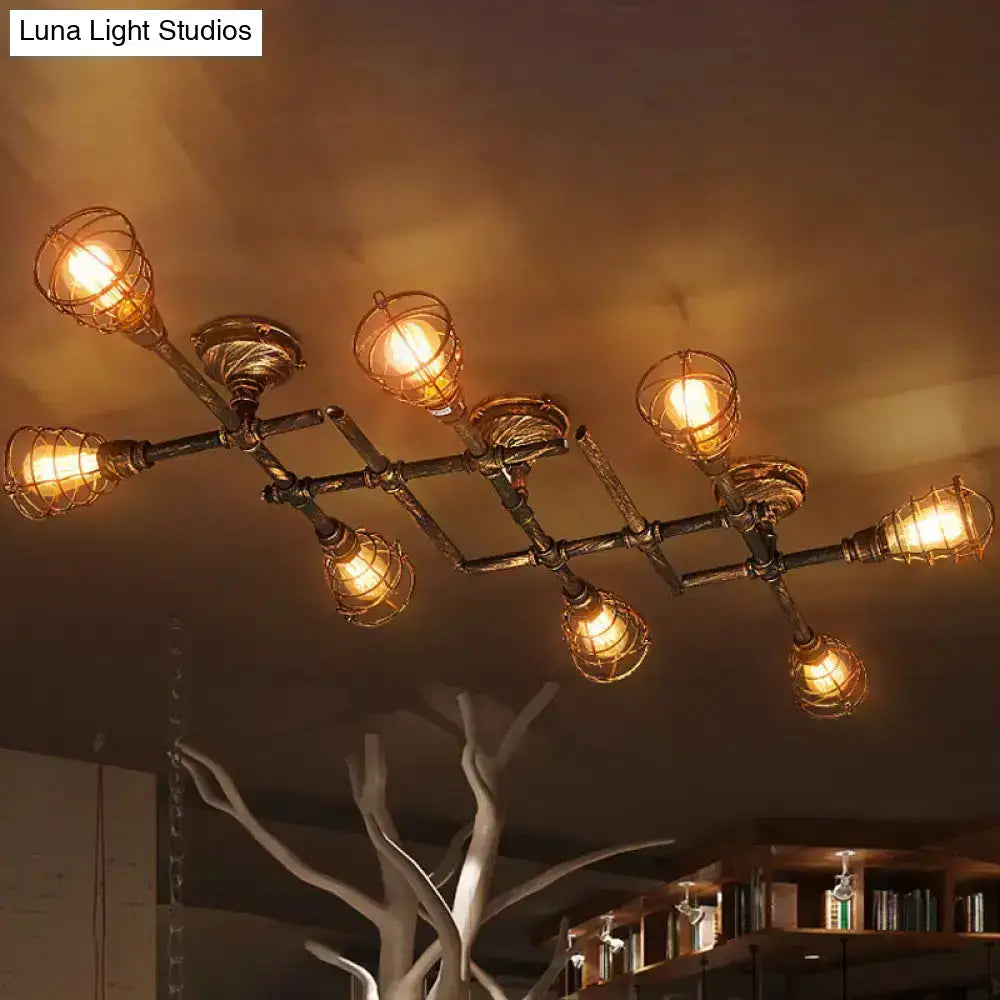 Brass piping ceiling light flush mount with cage bulbs by Decorbites warm amber glow on Tampa Home & Garden Store