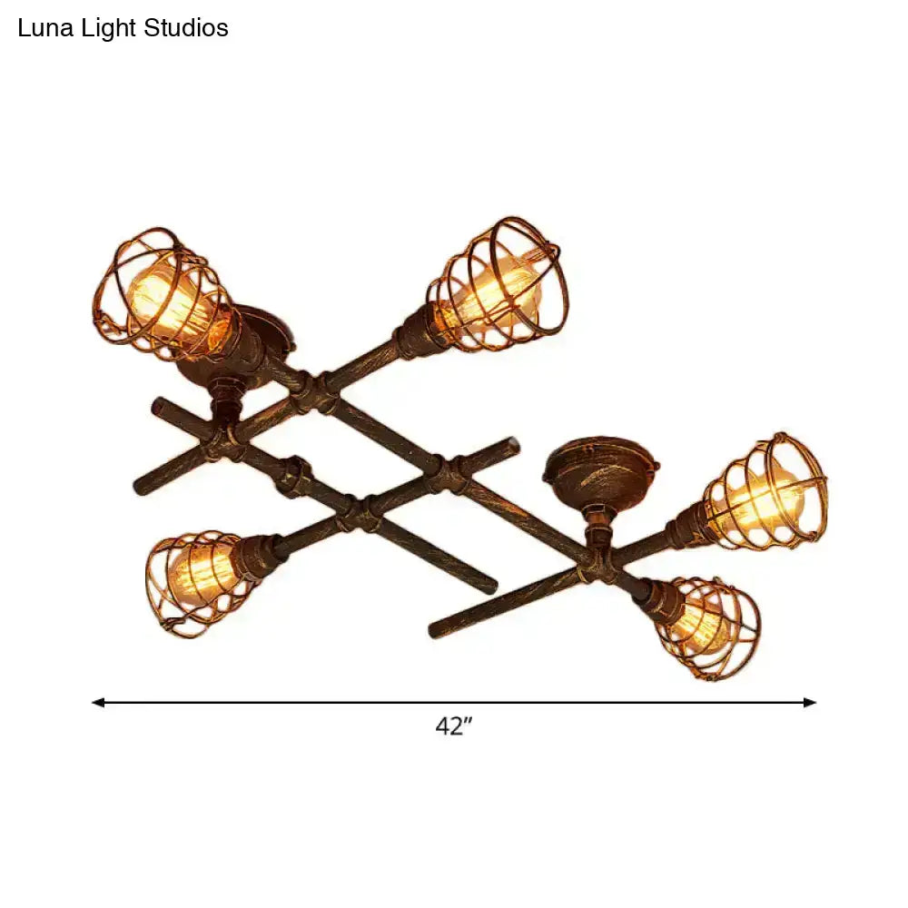 Brass piping ceiling light with five Edison bulb cages, industrial flush mount Decorbites on Tampa Home & Garden Store