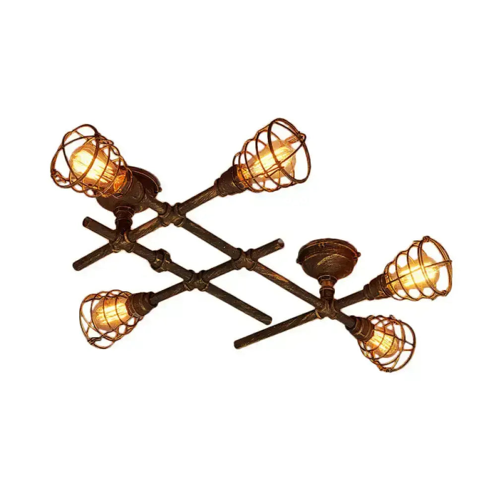 Brass pipe ceiling light fixture with 5 bulbs in wire cages Decorbites flush mount on Tampa Home & Garden Store