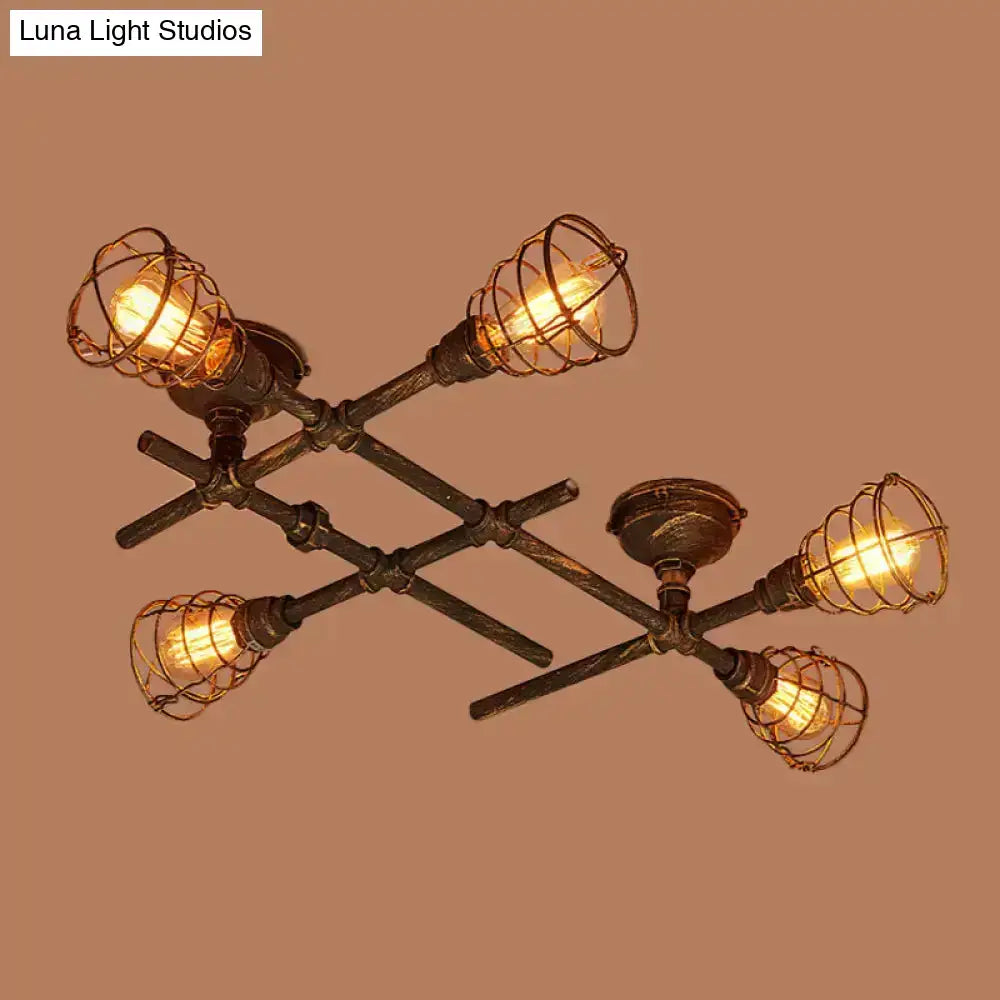 Brass Piping Ceiling Light with six cage bulbs, industrial flush-mount Decorbites on Tampa Home & Garden Store