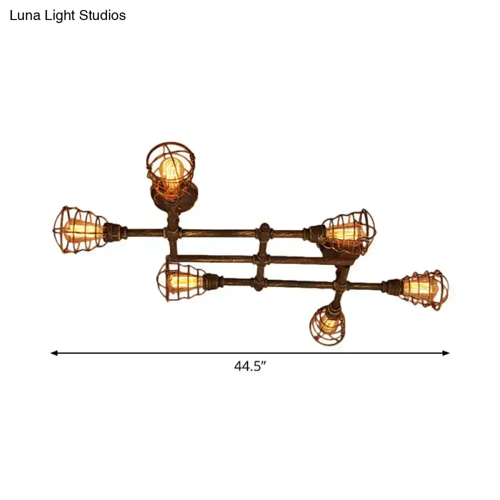 Brass piping ceiling light by Decorbites, flush mount with five bulb cages, 44.5 in span on Tampa Home & Garden Store