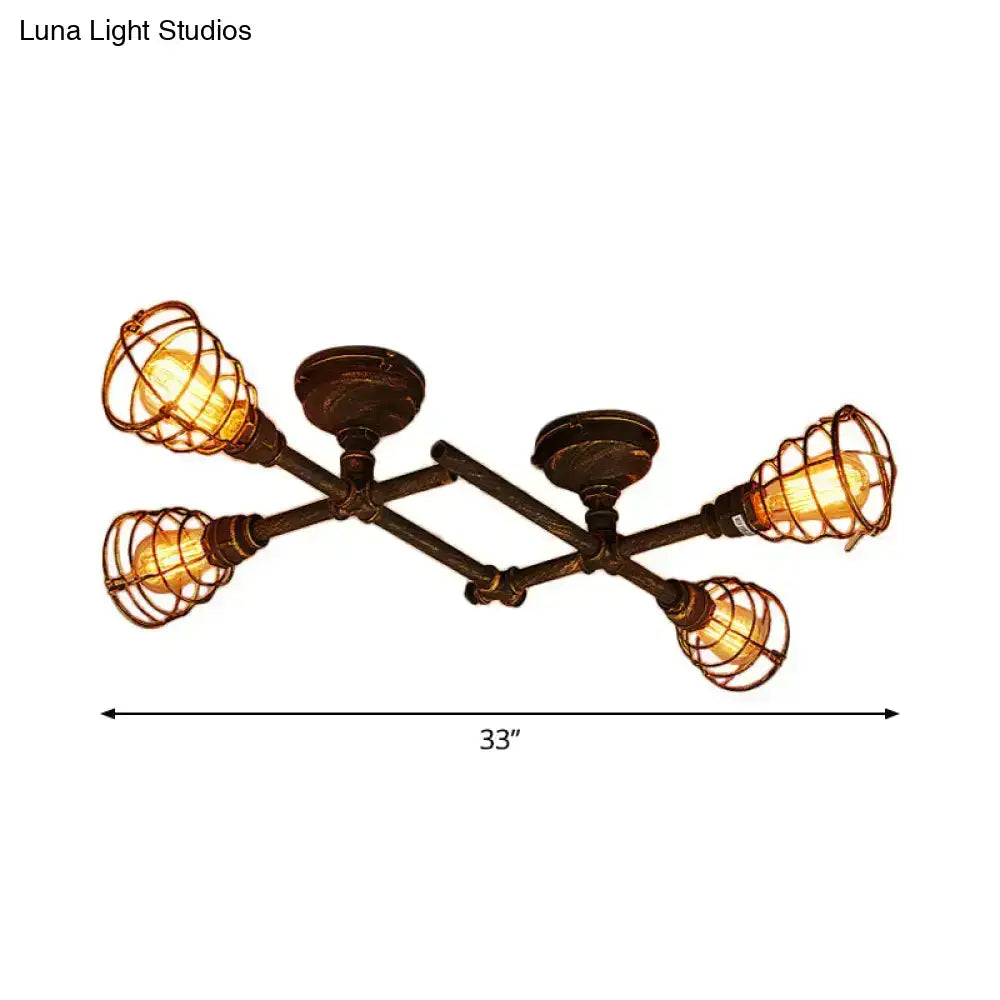 Brass piping ceiling light fixture with industrial cage bulbs, Decorbites flush mount on Tampa Home & Garden Store