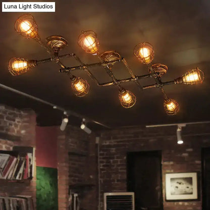 Brass Piping Ceiling Light industrial flush mount with eight amber glow bulbs in wire cages Decorbites on Tampa Home & Garden Store