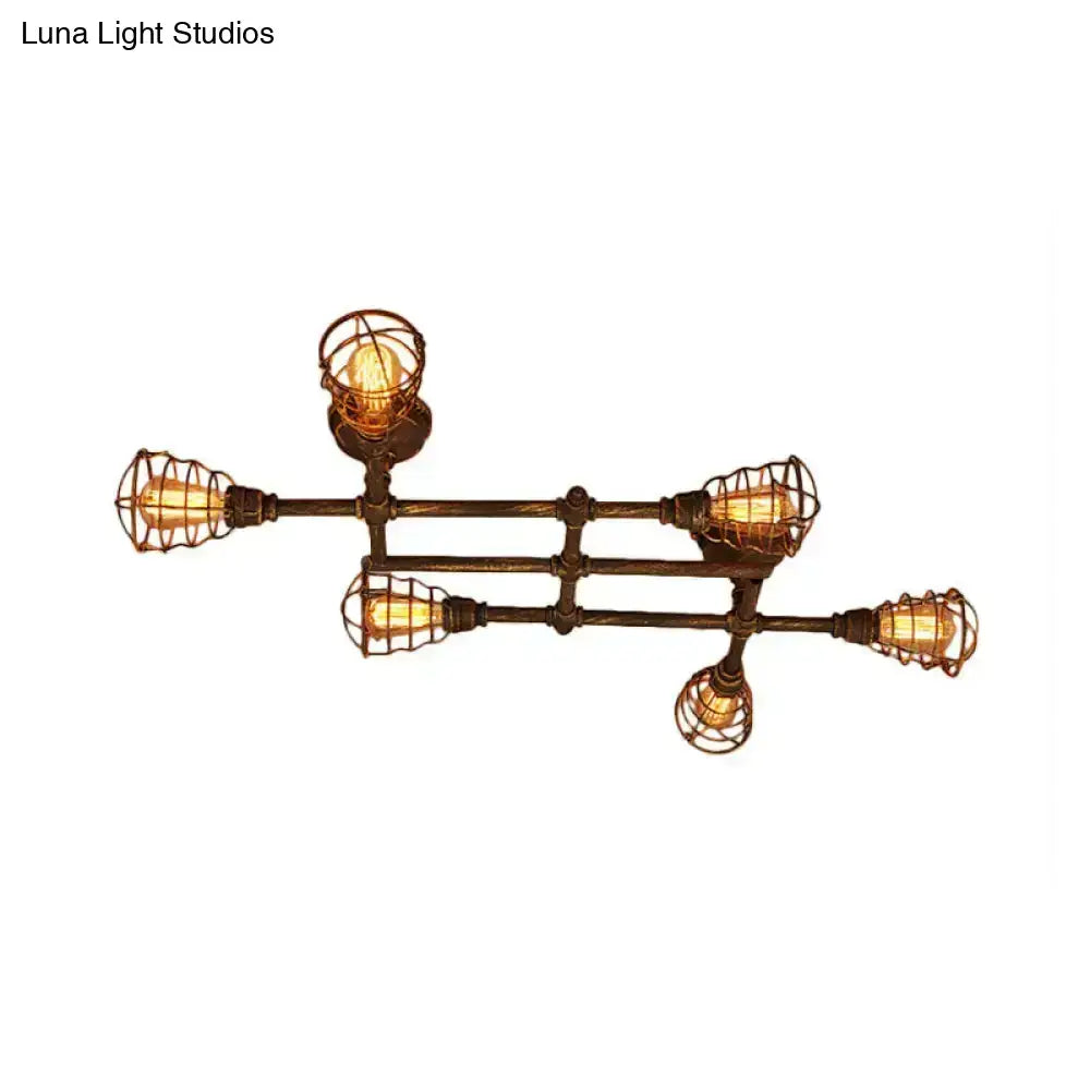 Brass Piping Ceiling Light with industrial pipe arms and five cage bulbs by Decorbites on Tampa Home & Garden Store