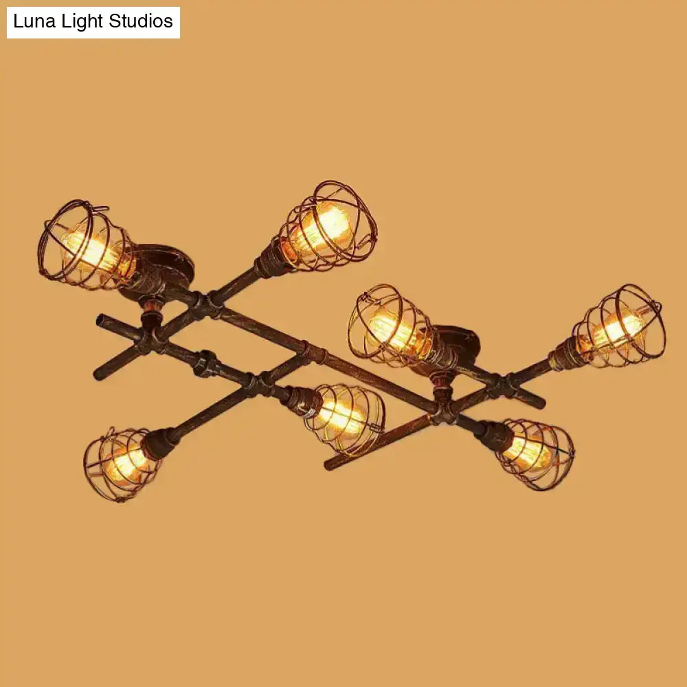 Brass piping flush mount ceiling light with six industrial cage bulbs, rustic metal frame on Tampa Home & Garden Store