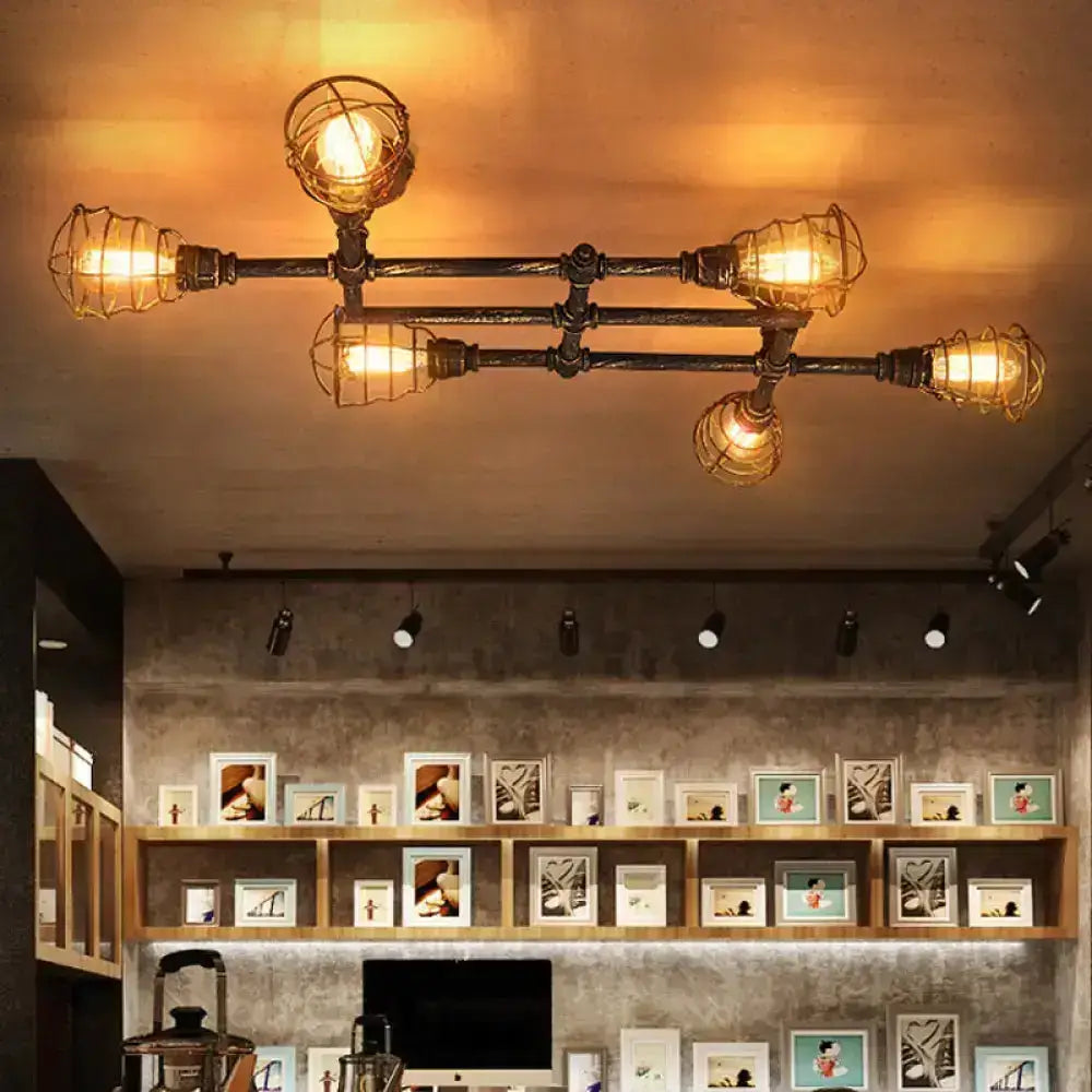 Brass piping ceiling light by Decorbites, multi-arm flush mount with cage guards on Tampa Home & Garden Store