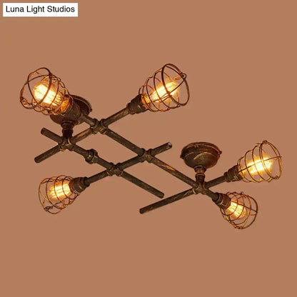 Brass Piping Ceiling Light industrial multi-arm flush mount with wire cage bulbs by Decorbites on Tampa Home & Garden Store