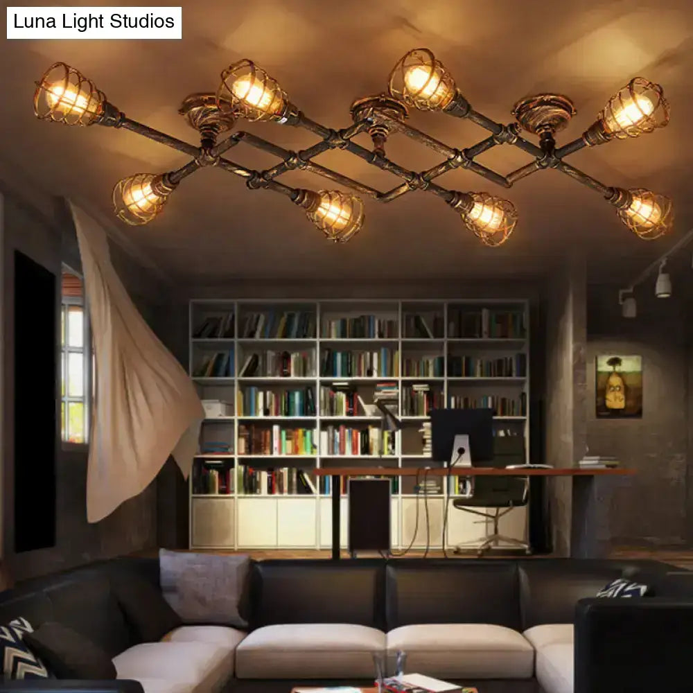 Brass piping ceiling light flush mount with industrial cage bulbs by Decorbites on Tampa Home & Garden Store