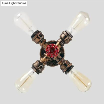 Bronze semi-flush ceiling light with four exposed bulbs in a cross pipe frame by Decorbites on Tampa Home & Garden Store