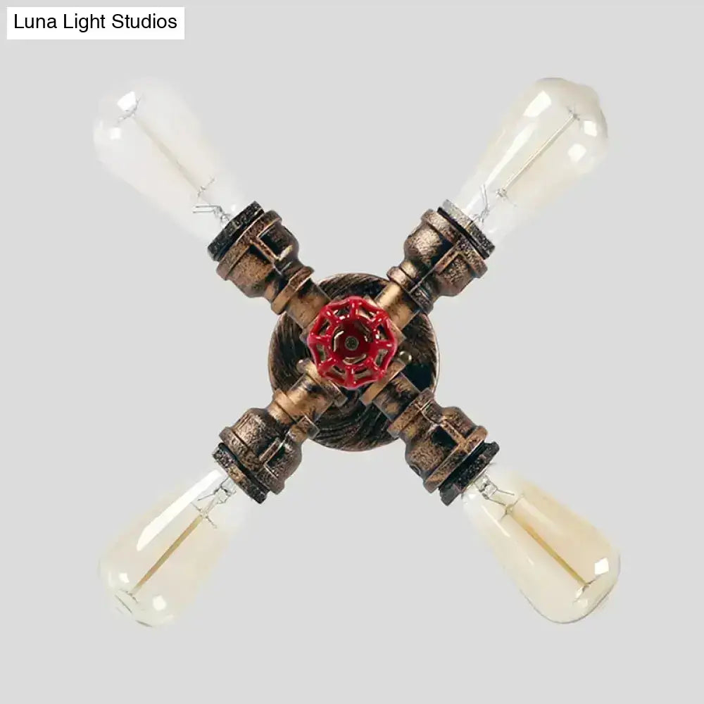Bronze semi flush ceiling light with four pipe arms and red valve centerpiece, Decorbites on Tampa Home & Garden Store