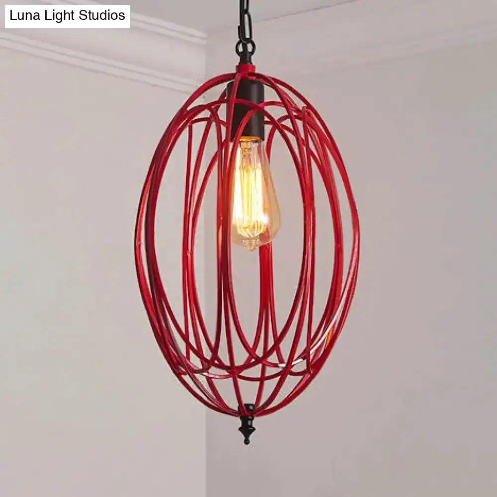 Red oval cage pendant light with exposed Edison bulb, industrial metal frame on Tampa Home & Garden Store