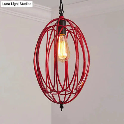 Red oval cage pendant light with exposed Edison bulb, industrial metal frame on Tampa Home & Garden Store
