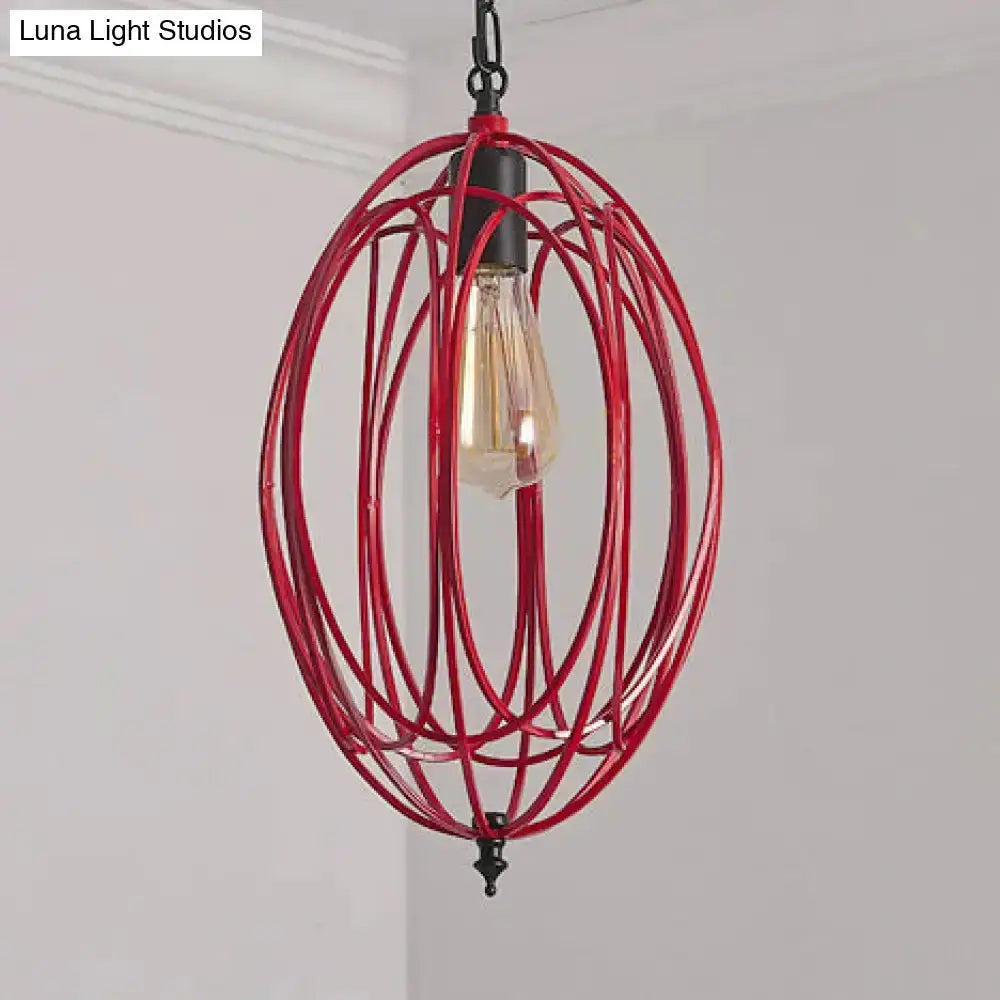Industrial red oval cage pendant light with exposed Edison bulb, Luna Light Studios watermark on Tampa Home & Garden Store