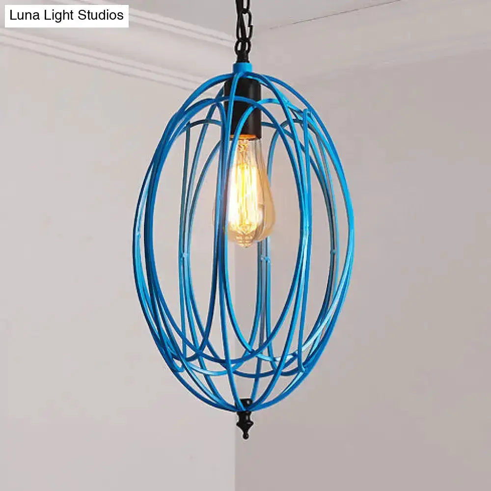 Industrial blue oval cage pendant light with exposed Edison bulb for restaurants on Tampa Home & Garden Store